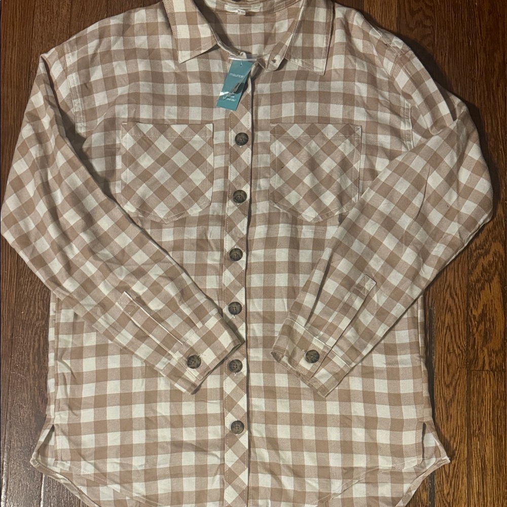 NWT Maurices Beige and White Plaid Button Down Shirt, Size XS